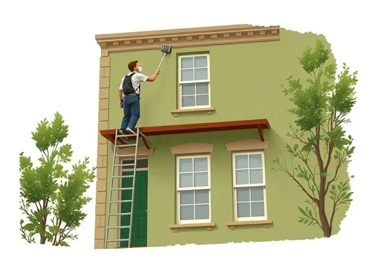 Peintre sur échafaudage traitant la façade d'une maison