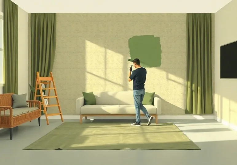 Peintre appliquant la peinture au rouleau sur un mur de salon